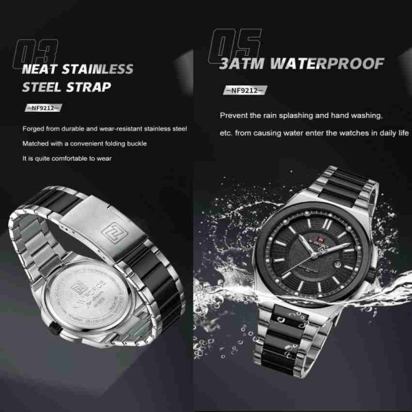 Naviforce 9212 Luxury Steelness Steel Men's Watch For- Silver/Black