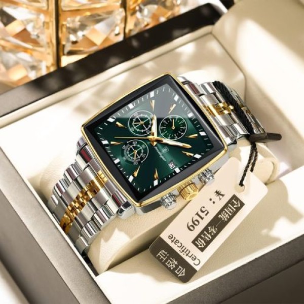 POEDAGAR 866 Luxury Square Chronograph Men’s Watch - Golden & Green