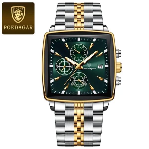 POEDAGAR 866 Luxury Square Chronograph Men’s Watch - Golden & Green