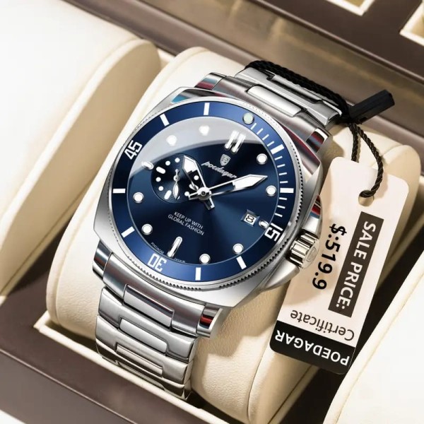 POEDAGAR 873 Men's Quartz Watch For - Silver & Blue
