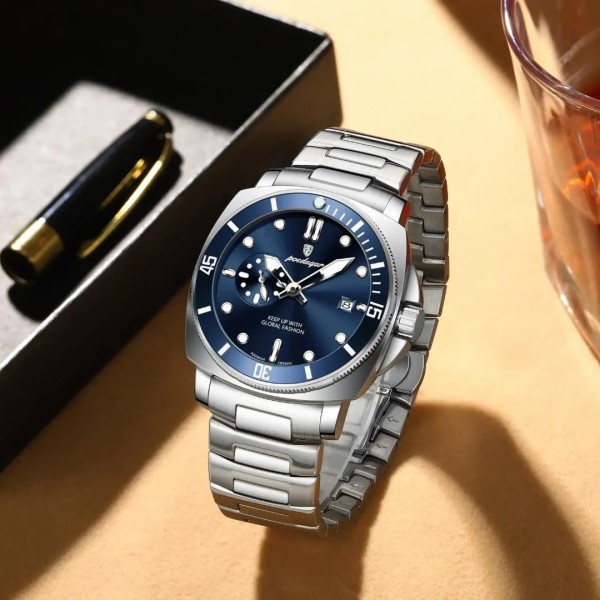 POEDAGAR 873 Men's Quartz Watch For - Silver & Blue
