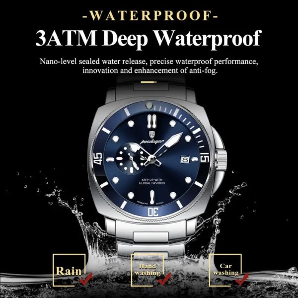 POEDAGAR 873 Men's Quartz Watch For - Silver & Blue