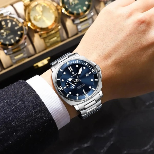 POEDAGAR 873 Men's Quartz Watch For - Silver & Blue