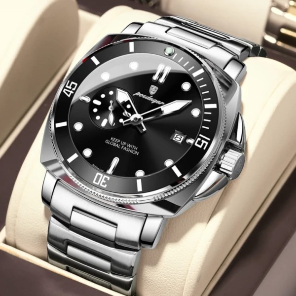 POEDAGAR 873 Men's Quartz Watch For - Silver & Black