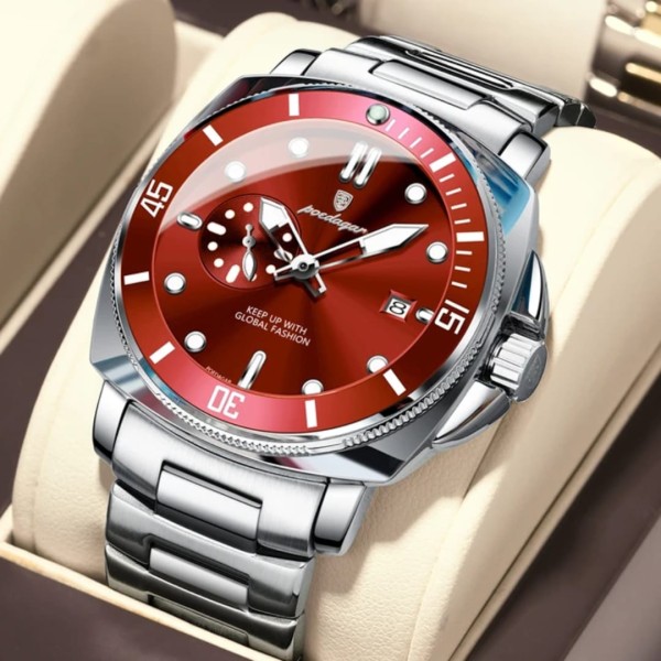 POEDAGAR 873 Men's Quartz Watch For - Silver & Red