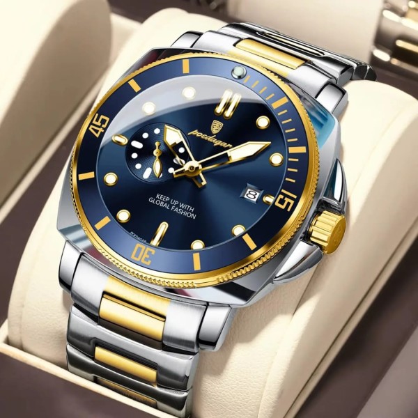 POEDAGAR 873 Men's Quartz Watch For - Silver Gold & Blue