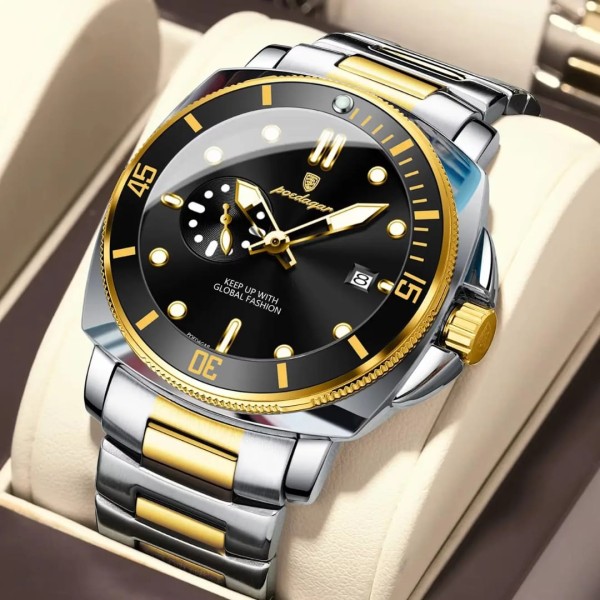 POEDAGAR 873 Men's Quartz Watch For - Silver gold & Black