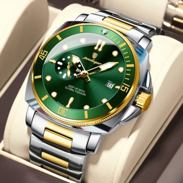 POEDAGAR 873 Men's Quartz Watch For - Silver Gold & Green