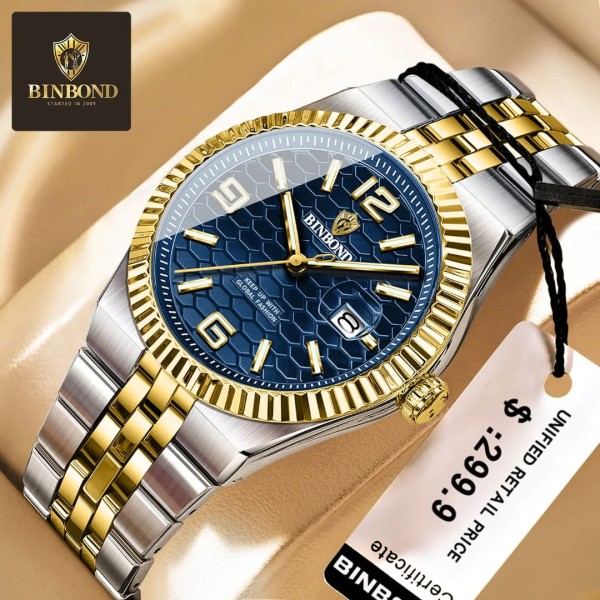 Binbond 8181 Quartz Men's Watch For - Silver Gold & Blue