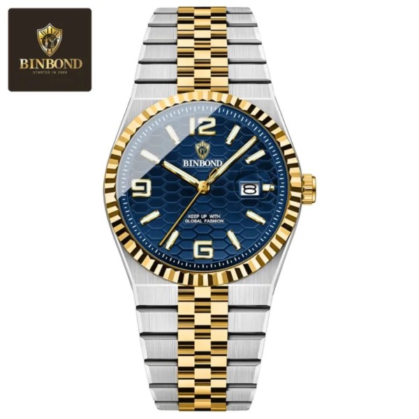 Binbond 8181 Quartz Men's Watch For - Silver Gold & Blue