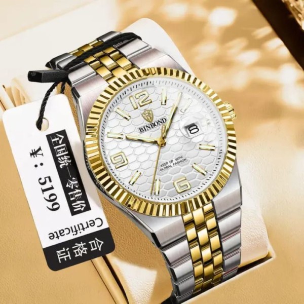 Binbond 8181 Quartz Men's Watch For - Silver Gold & White