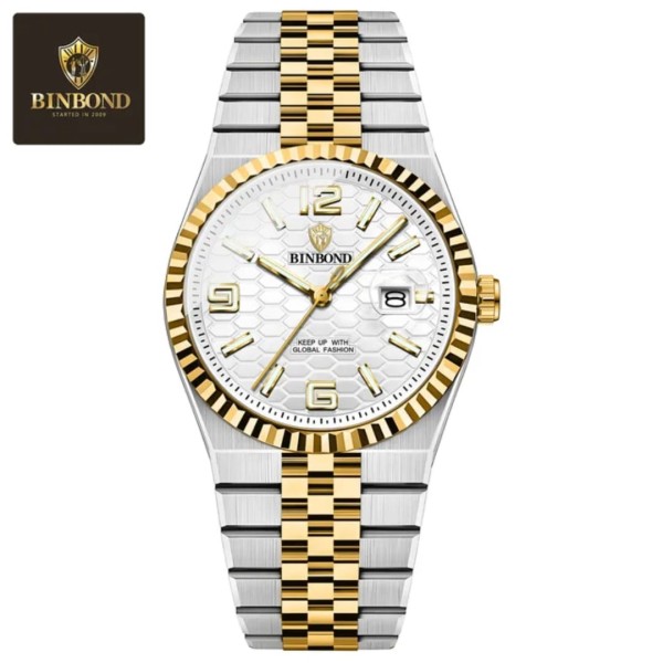 Binbond 8181 Quartz Men's Watch For - Silver Gold & White