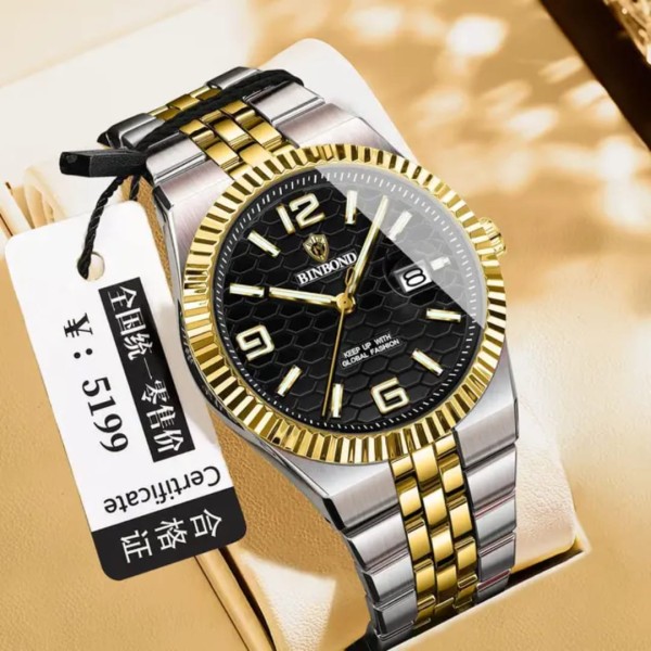 Binbond 8181 Quartz Men's Watch For - Silver Gold & Black