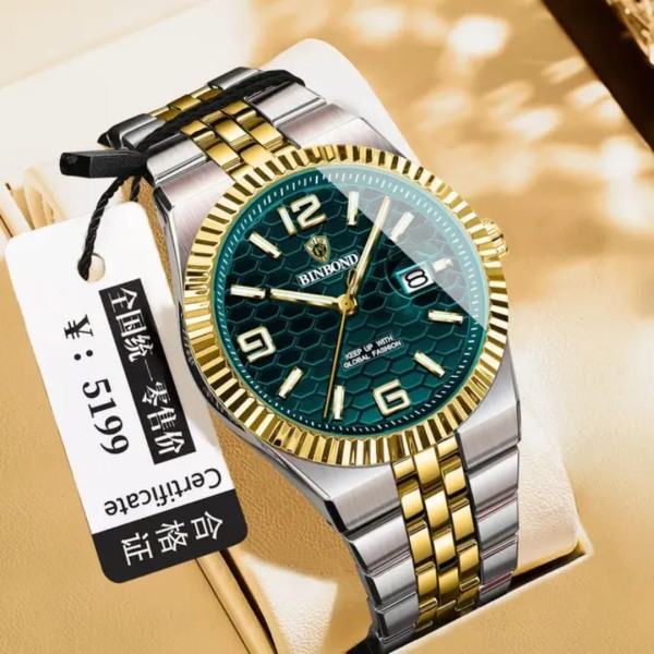 Binbond 8181 Quartz Men's Watch For - Silver Gold & Green