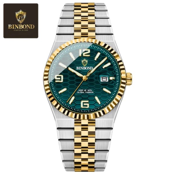 Binbond 8181 Quartz Men's Watch For - Silver Gold & Green