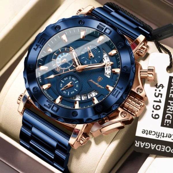 Poedagar 892 Steelness Steel Men's Watch – Rose Gold & Blue