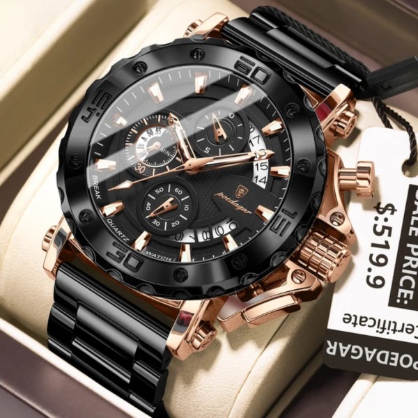 Poedagar 892 Steelness Steel Men's Watch – Rose Gold & Black