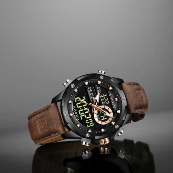 NAVIFORCE NF9208 PU Leather Dual Time Wrist Watch FOR-Copy Colour