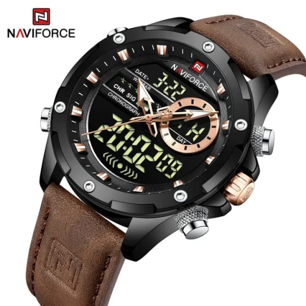 NAVIFORCE NF9208 PU Leather Dual Time Wrist Watch FOR-Copy Colour