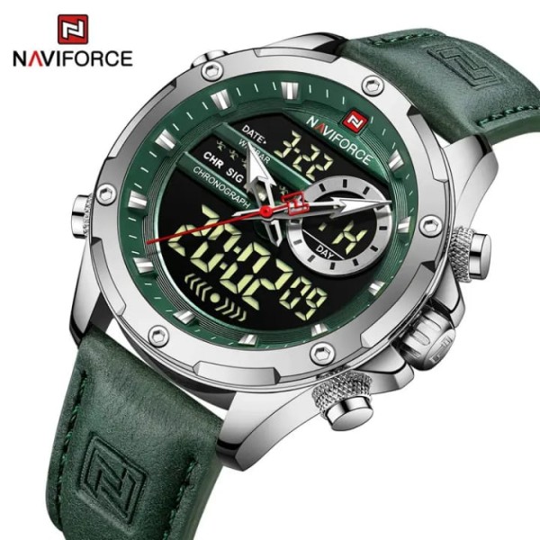 NAVIFORCE NF9208 PU Leather Dual Time Wrist Watch FOR-Silver/Green