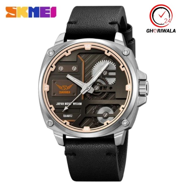 Skmei 2289 Leather Quartz Fashion Watch Men's For-Silver / Black