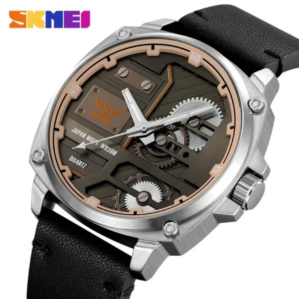 Skmei 2289 Leather Quartz Fashion Watch Men's For-Silver / Black