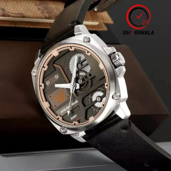 Skmei 2289 Leather Quartz Fashion Watch Men's For-Silver / Black