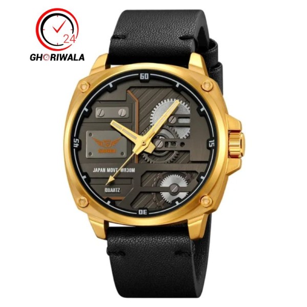 Skmei 2289 Leather Quartz Fashion Watch Men's For-Golden / Black