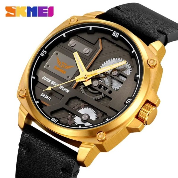 Skmei 2289 Leather Quartz Fashion Watch Men's For-Golden / Black