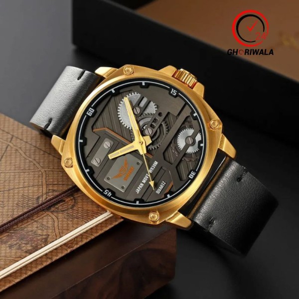Skmei 2289 Leather Quartz Fashion Watch Men's For-Golden / Black