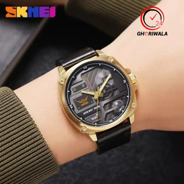 Skmei 2289 Leather Quartz Fashion Watch Men's For-Golden / Black