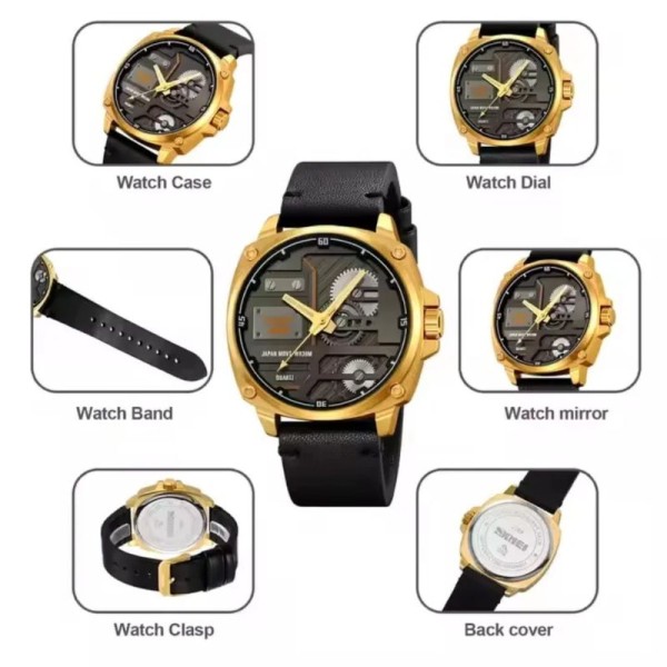Skmei 2289 Leather Quartz Fashion Watch Men's For-Golden / Black