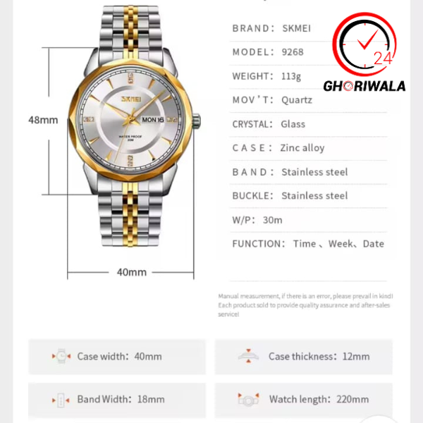 SKMEI 9268 japan movement quartz Stainless Steel Wristwatch for Men's- Silver Gold & White