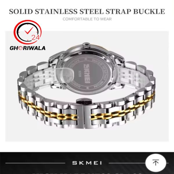 SKMEI 9268 japan movement quartz Stainless Steel Wristwatch for Men's- Silver Gold & White