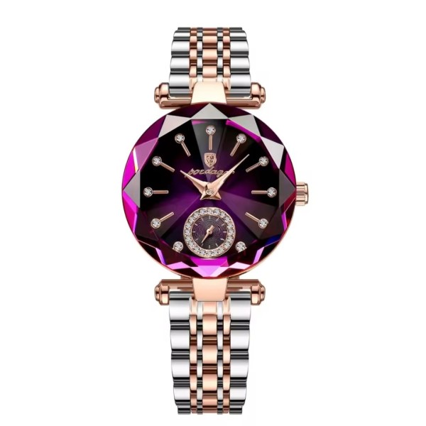 POEDAGAR 719 Luxury Fashion Diamond Cart Quartz Watch for Women - Silver Rose Gold & Purple