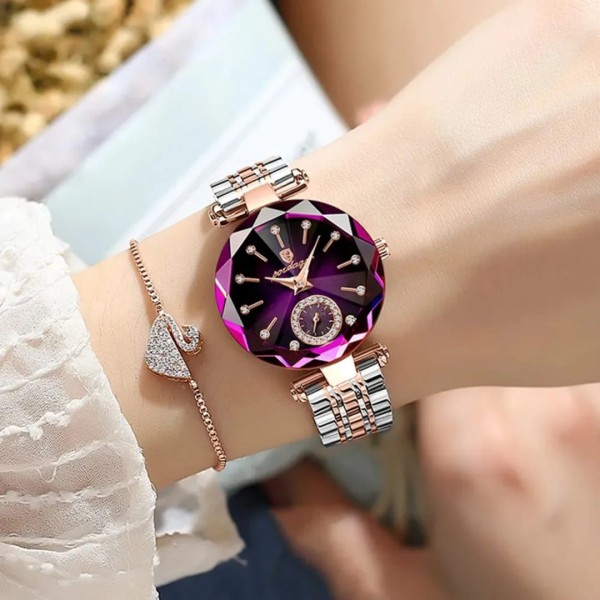 POEDAGAR 719 Luxury Fashion Diamond Cart Quartz Watch for Women - Silver Rose Gold & Purple