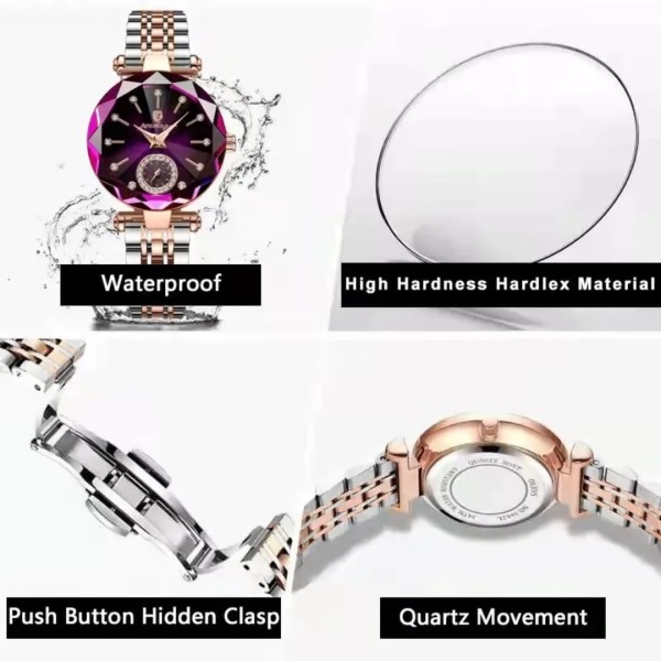 POEDAGAR 719 Luxury Fashion Diamond Cart Quartz Watch for Women - Silver Rose Gold & Purple