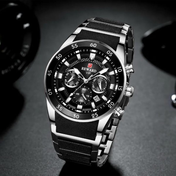 Reward 81011 Chronograph Wrist Luxury Men’s Watch - Silver & Black