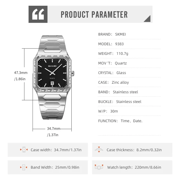 Skmei 9383 Luxury Quartz Watch for Men - Black