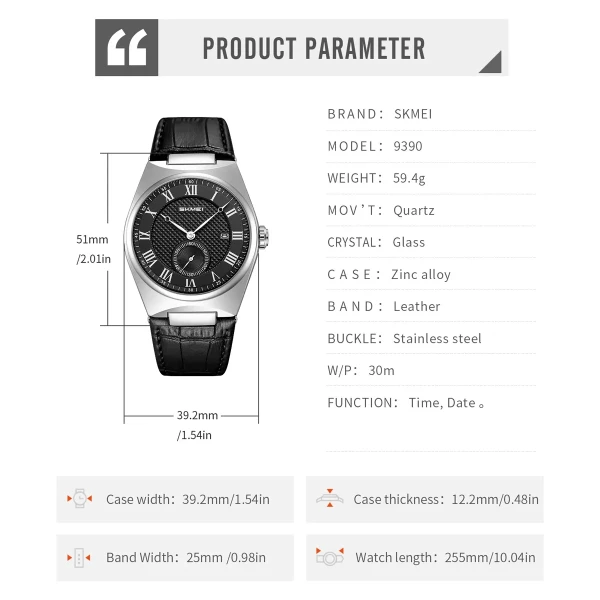 Skmei 9390 Luxury Quartz Watch for Men - Black